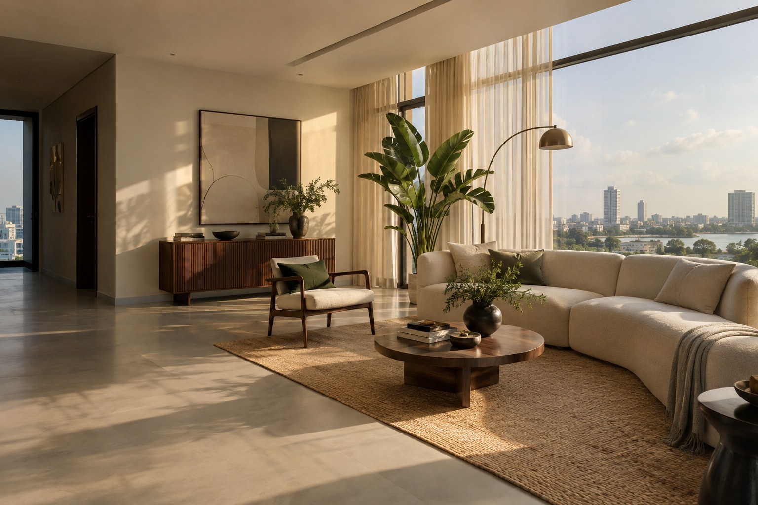 A sunlit contemporary apartment with a comfortable sofa and warm wood finishes